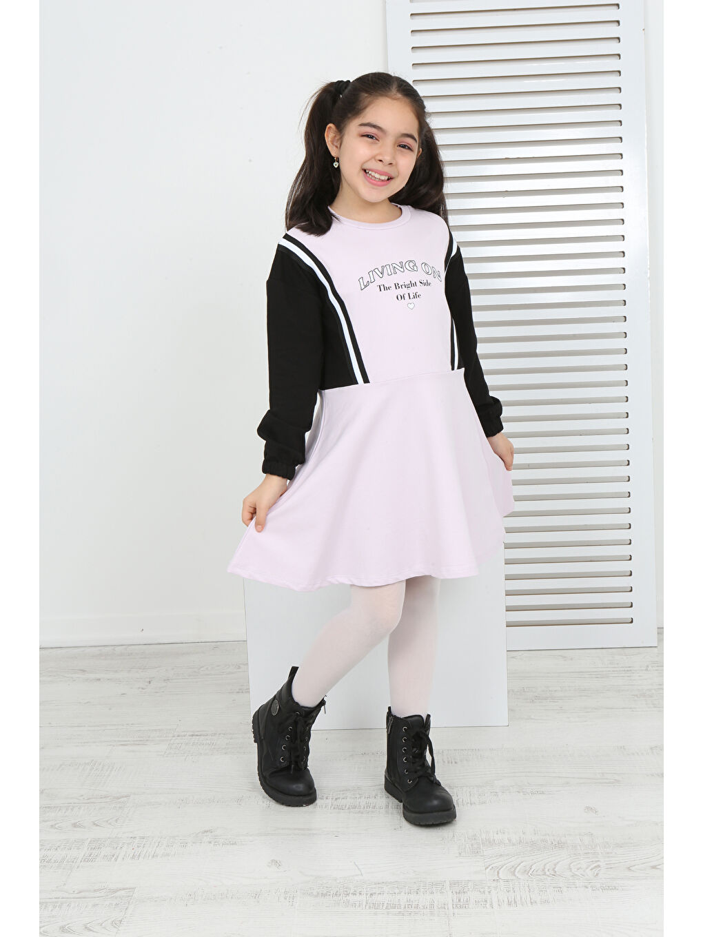 Pembe Kız Çocuk Garni Detaylı Baskılı Elbise