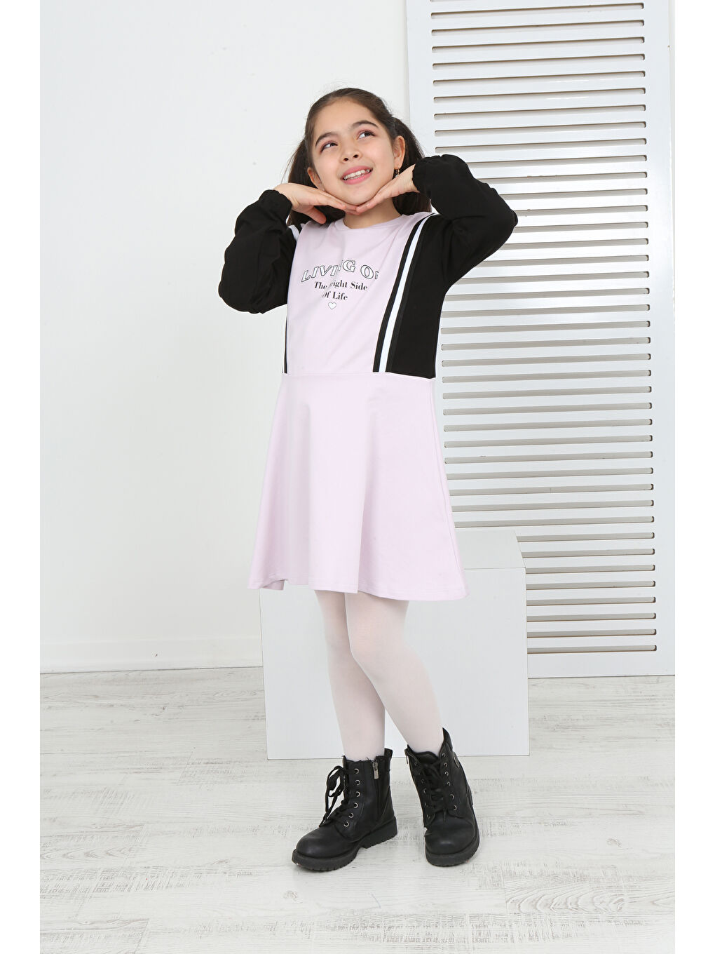 Pembe Kız Çocuk Garni Detaylı Baskılı Elbise-1