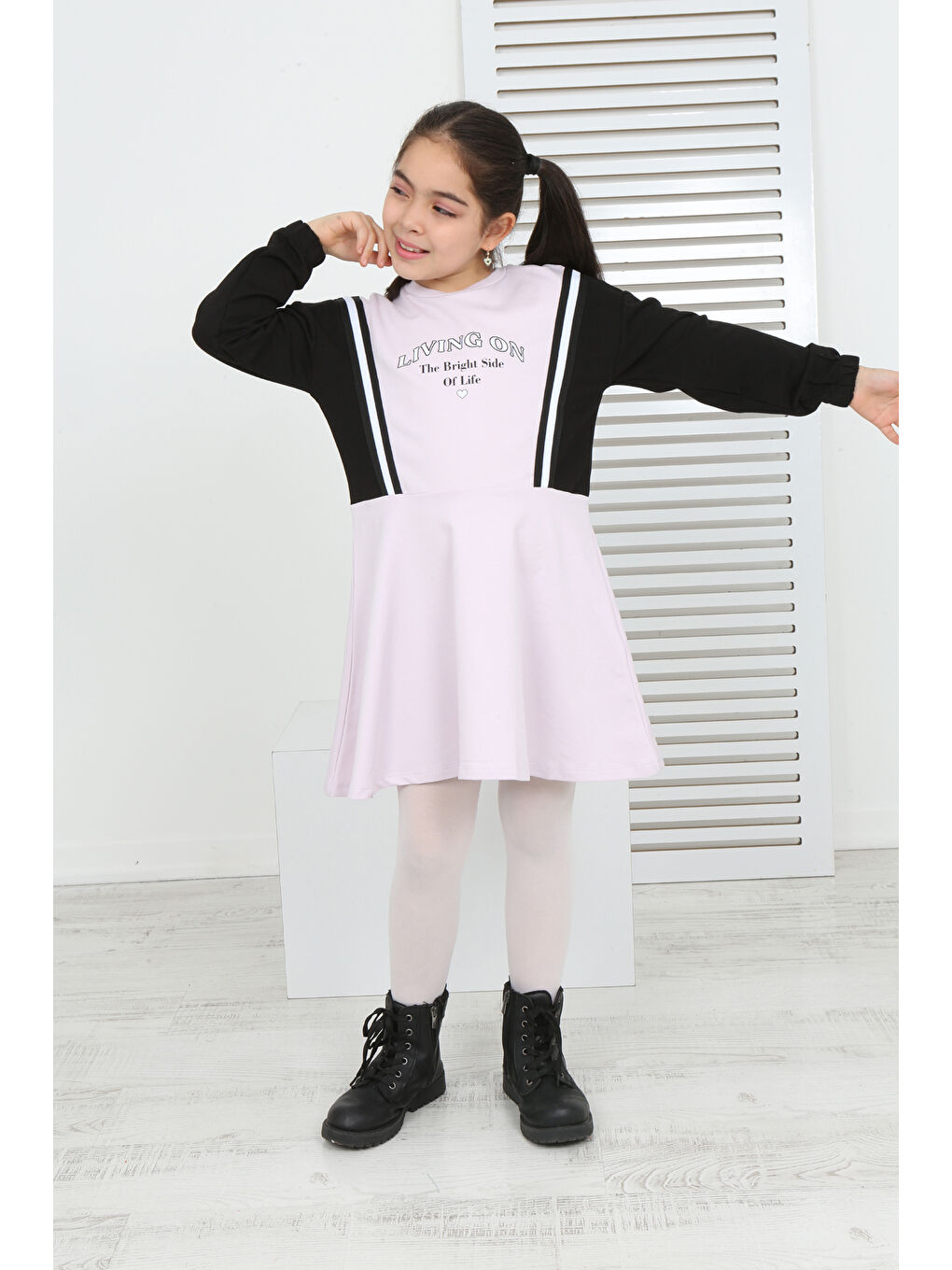 Pembe Kız Çocuk Garni Detaylı Baskılı Elbise-2