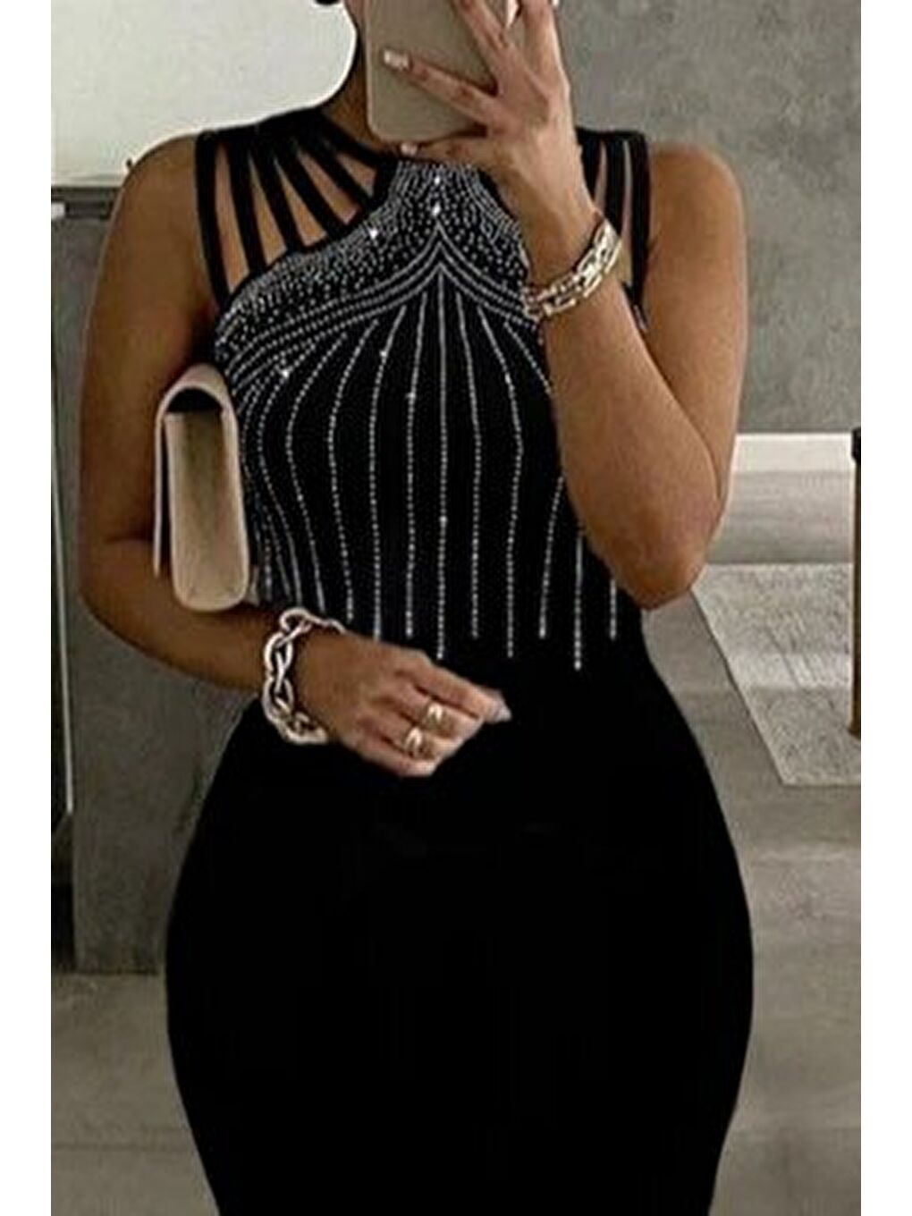 Siyah Kadın Omuz çoklu Askılı önü Taş Işlemeli Balık Kesim Janjan Krep Maxi Boy Elbise-1