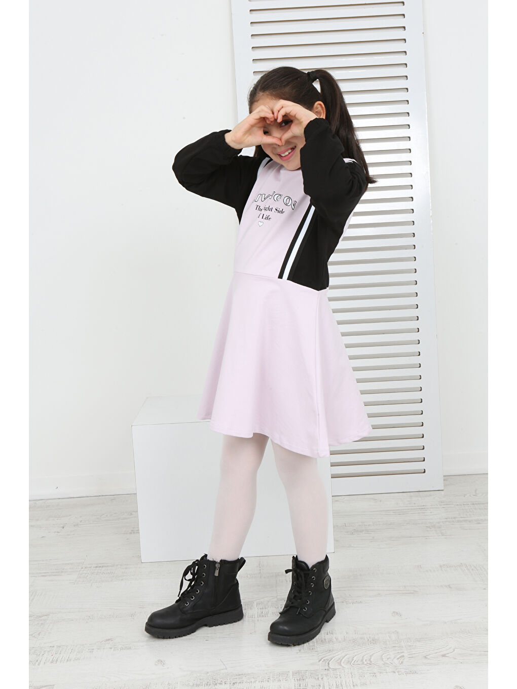 Pembe Kız Çocuk Garni Detaylı Baskılı Elbise-3