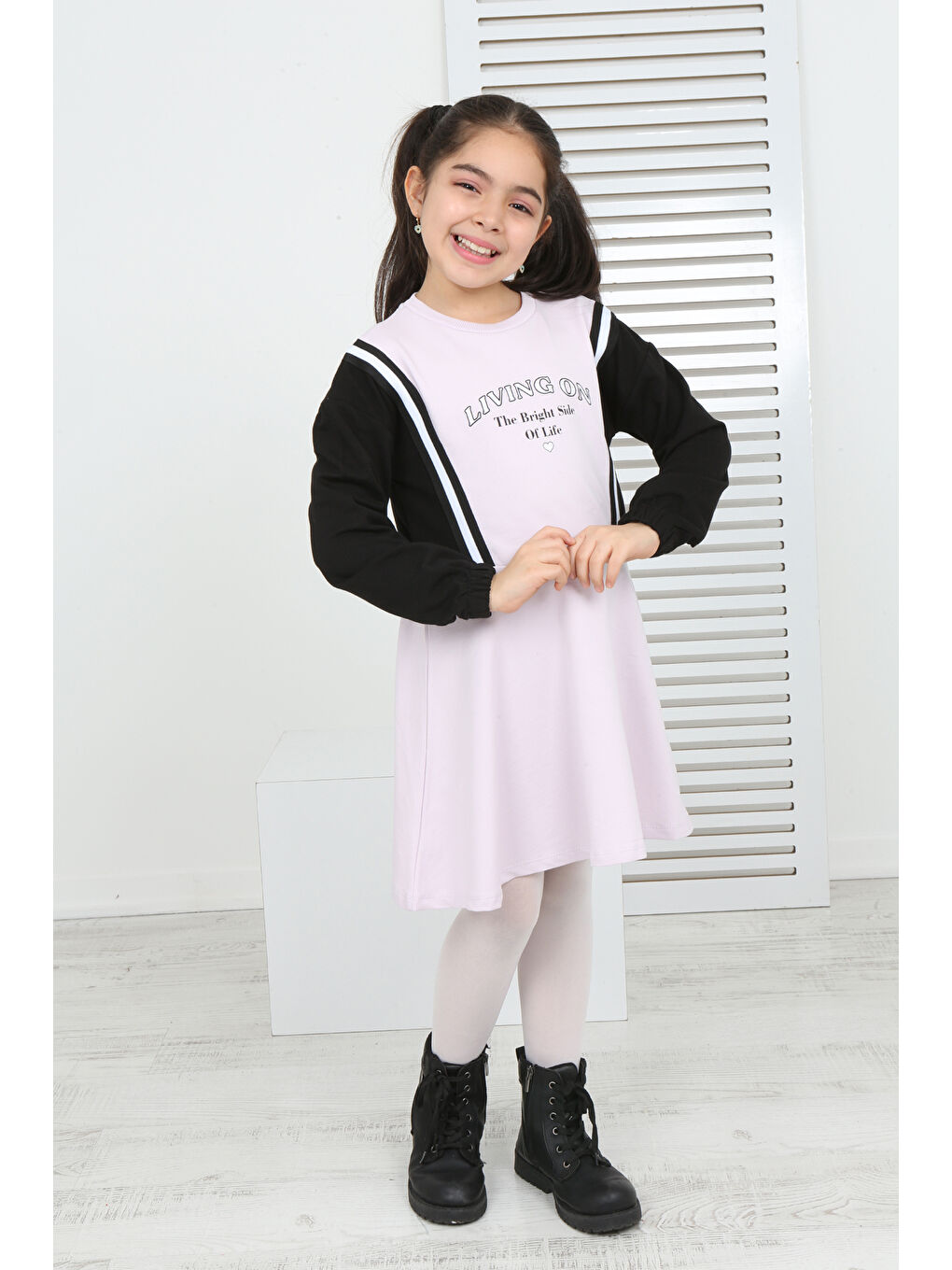 Pembe Kız Çocuk Garni Detaylı Baskılı Elbise-4