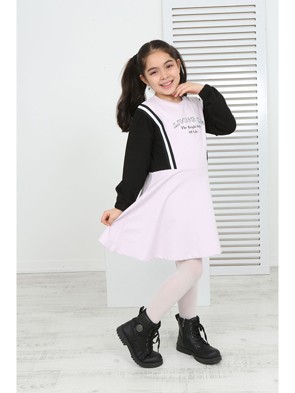 Pembe Kız Çocuk Garni Detaylı Baskılı Elbise-5