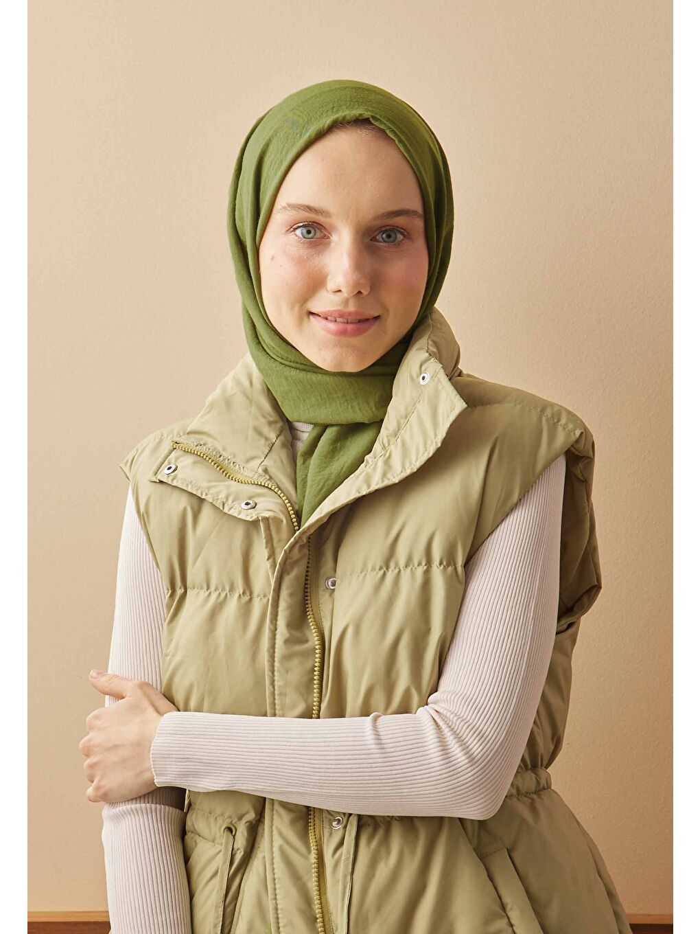 Pamuk Crash Şal Zeytin Yeşili-1