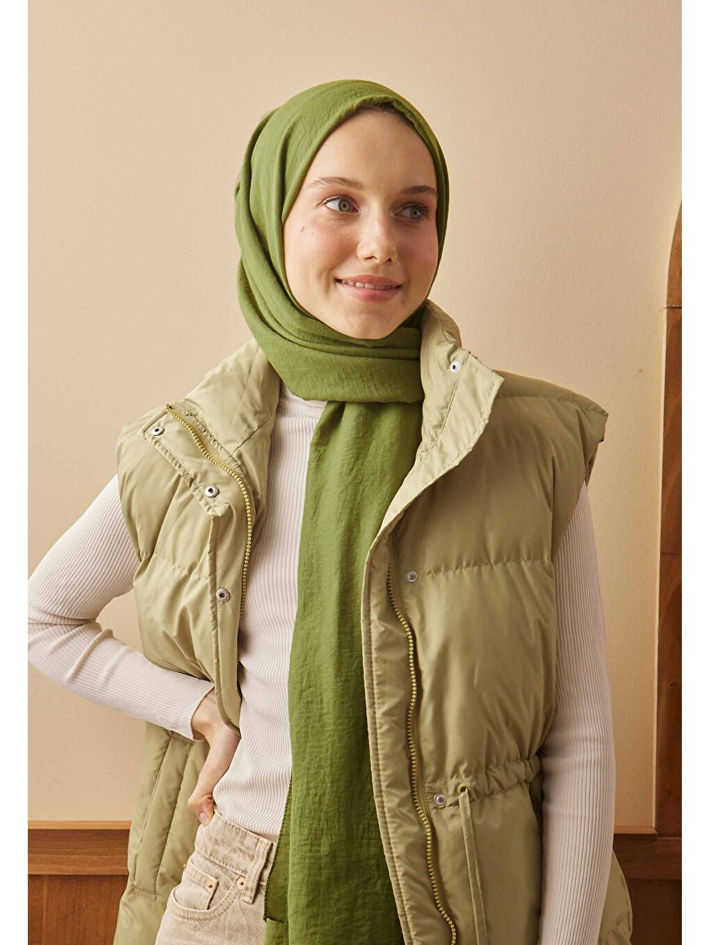 Pamuk Crash Şal Zeytin Yeşili-2