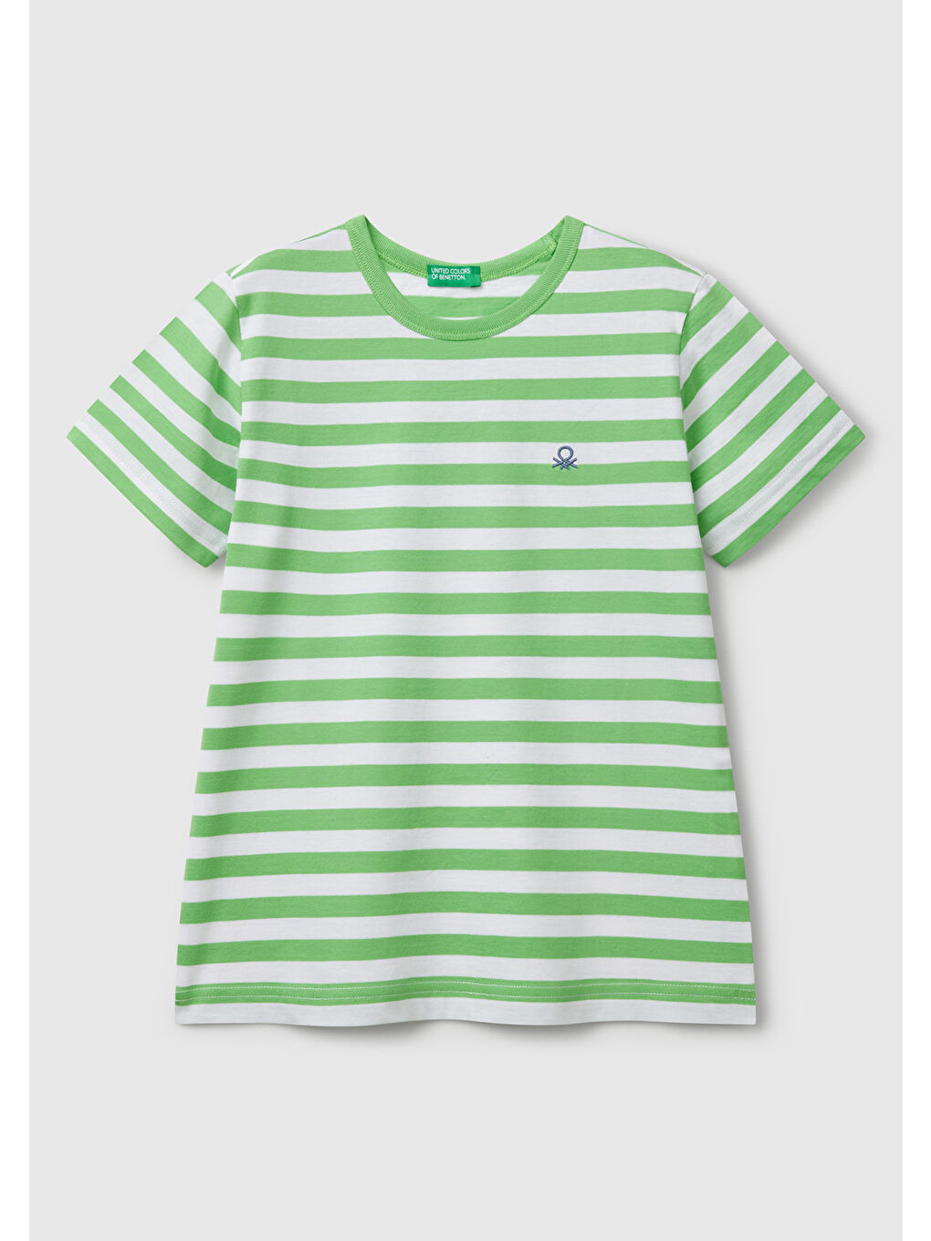 Erkek Çocuk Fıstık Yeşili Çizgili Önü Logo İşlemeli T-Shirt