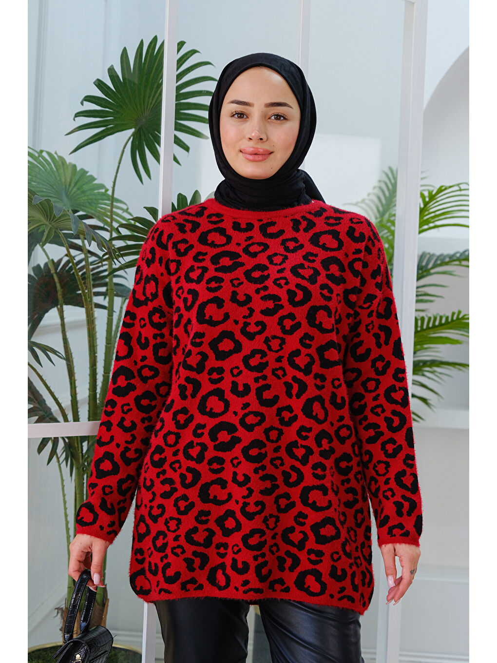 Locco Moda Leopar Desen Kazak Kırmızı