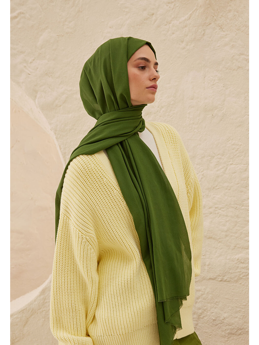 Yeşil İnce Pamuk Vual Şal Kaktüs