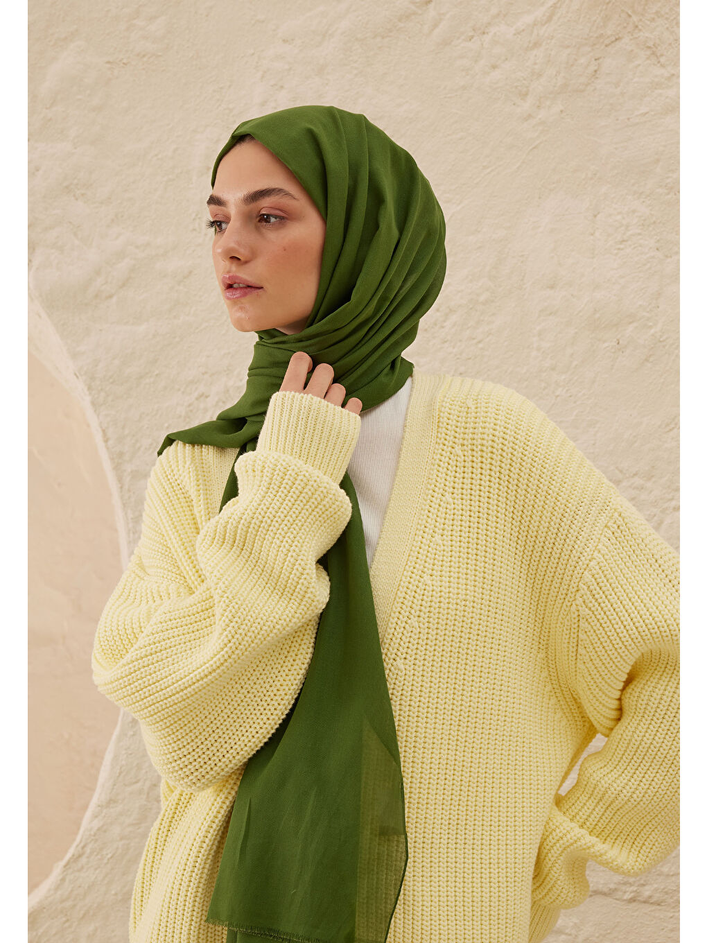 Yeşil İnce Pamuk Vual Şal Kaktüs-1