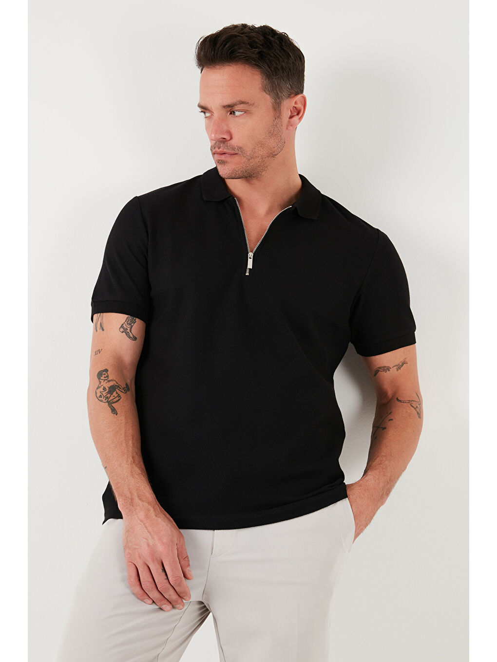 Siyah Pamuklu Regular Fit Yarım Fermuarlı 3'lü Paket Polo Yaka %100 Pamuk Tişört 5902434S3-1