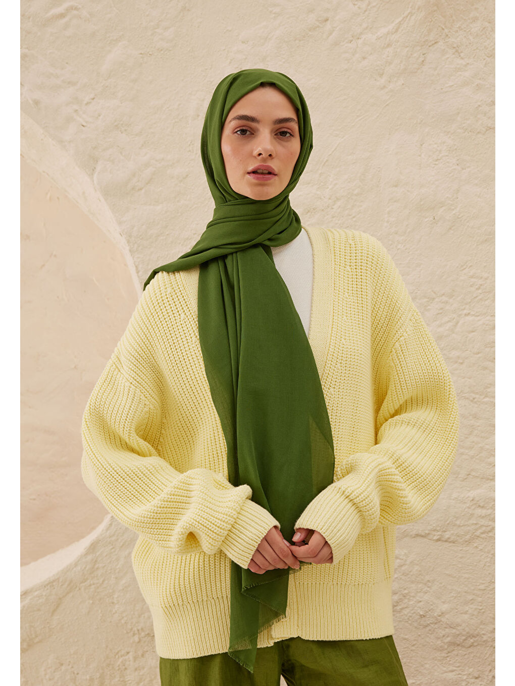 Yeşil İnce Pamuk Vual Şal Kaktüs-2