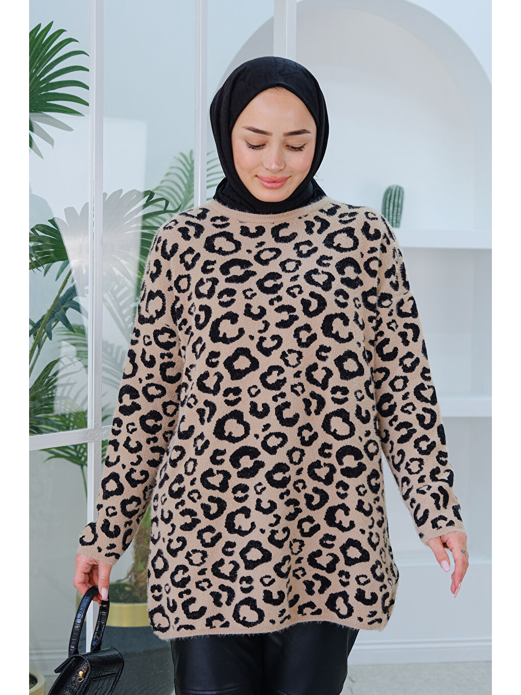 Locco Moda Bej Leopar Desen Kazak Vizon