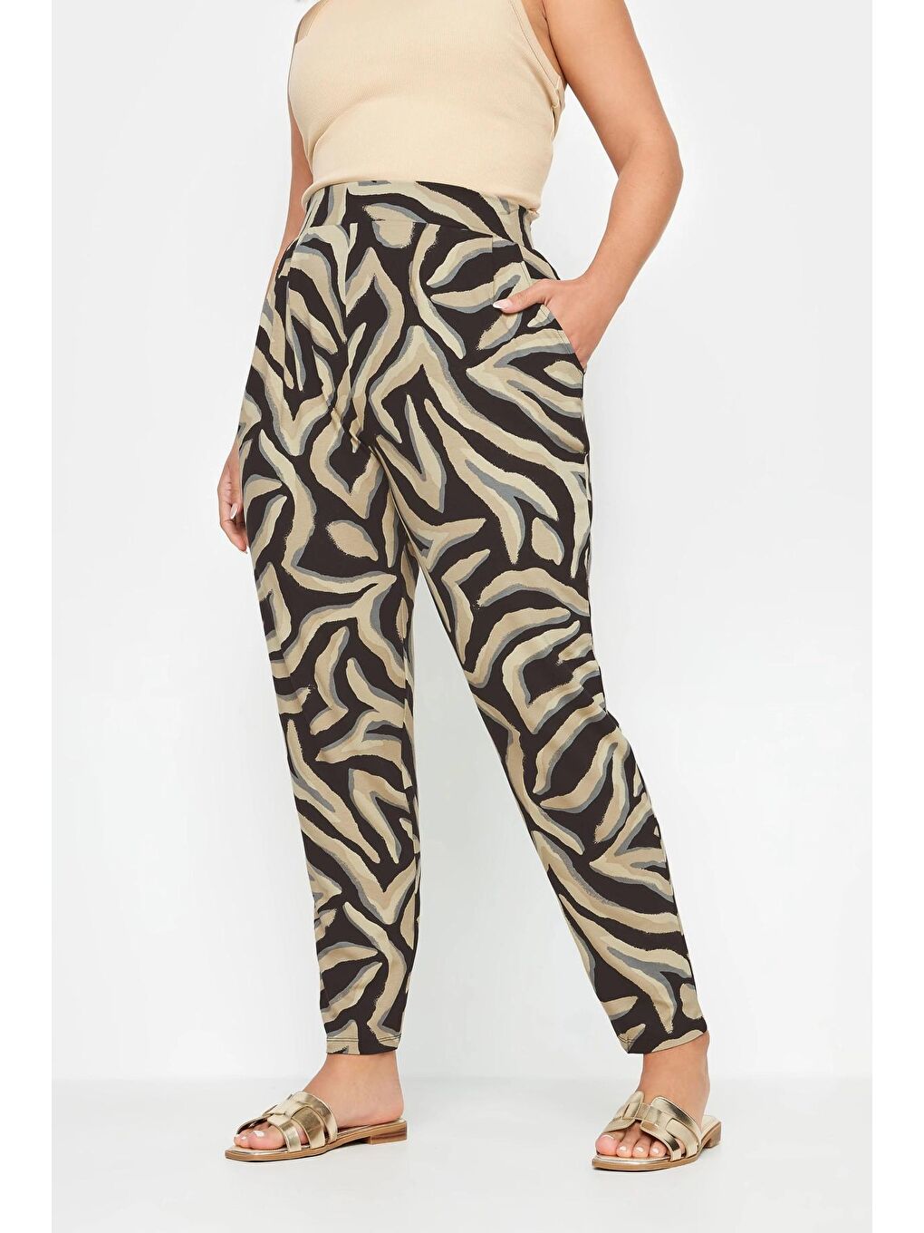 Bej Büyük Beden Dar Paça Desenli Cepli Havuç Kesim Elastanlı Pantolon 143750-1