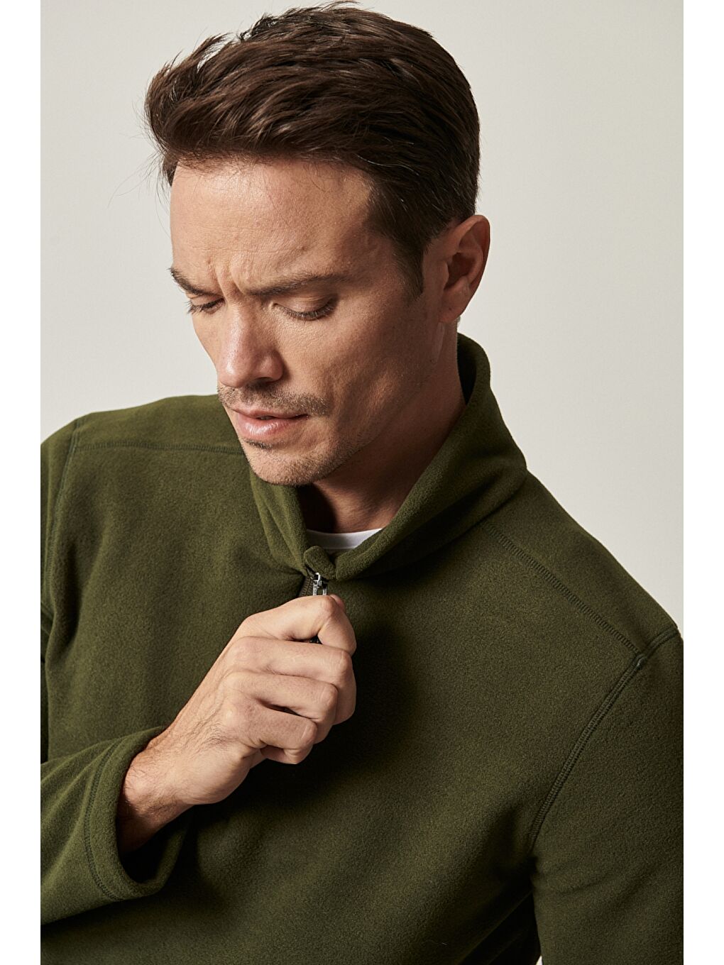 Erkek Haki Anti-Pilling Tüylenme Yapmayan Standart Fit Dik Yaka Polar Sweatshirt-4