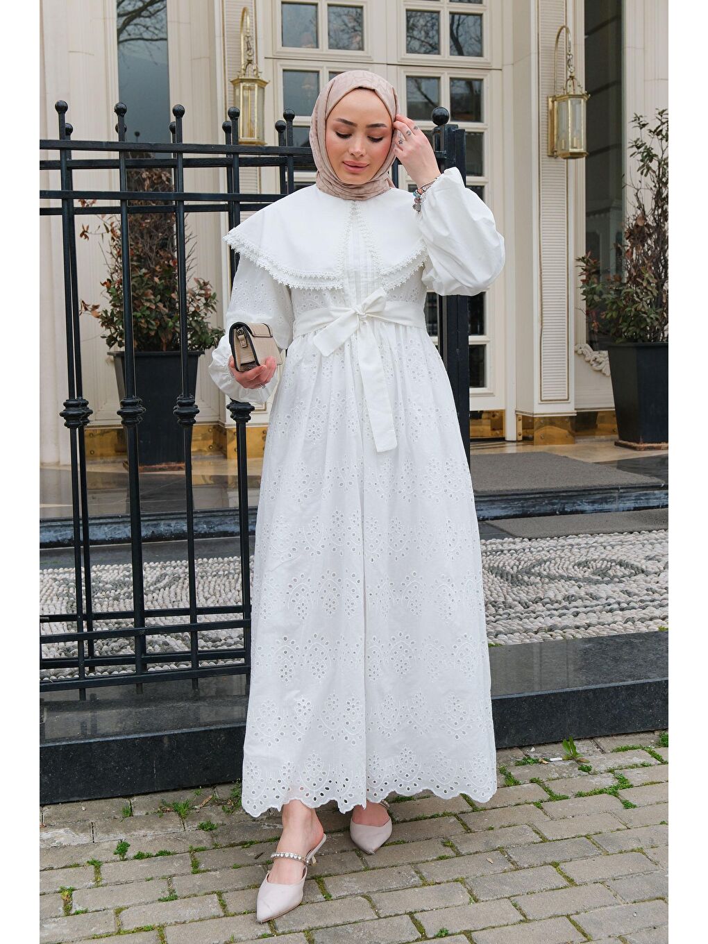 Bebe Yaka Dantel Detay Elbise Beyaz-1