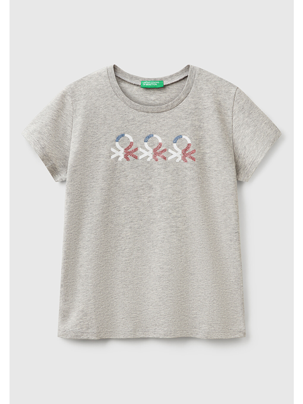 Kız Çocuk Gri Melanj Simli Logo Baskılı T-shirt