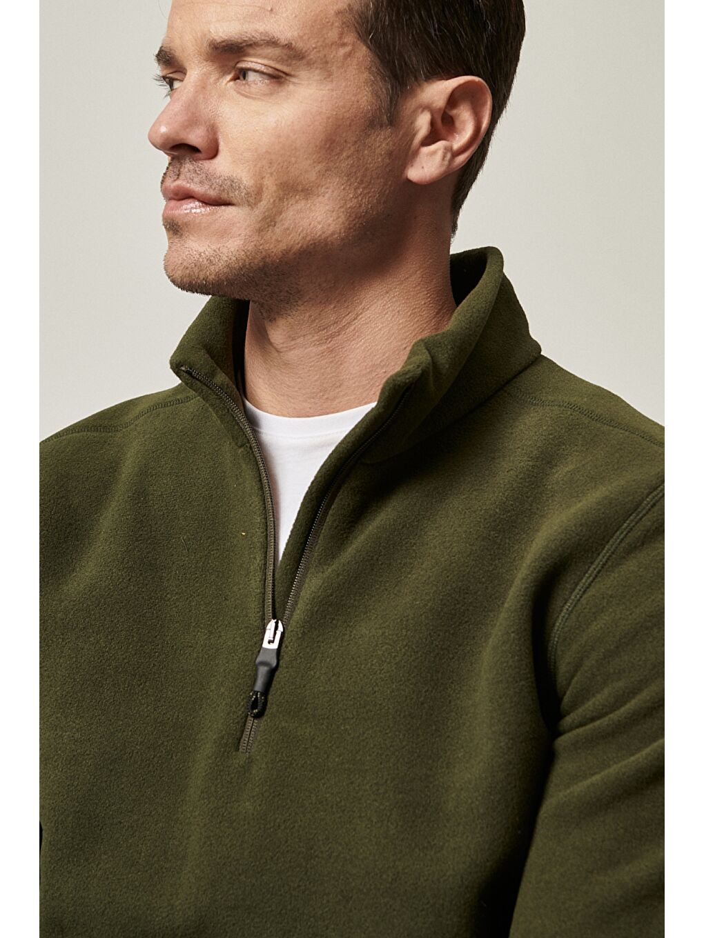 Erkek Haki Anti-Pilling Tüylenme Yapmayan Standart Fit Dik Yaka Polar Sweatshirt-6