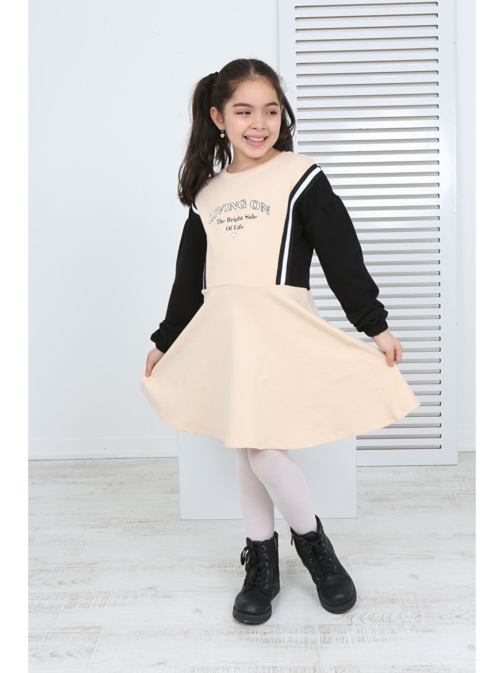 Bej Kız Çocuk Garni Detaylı Baskılı Elbise-1