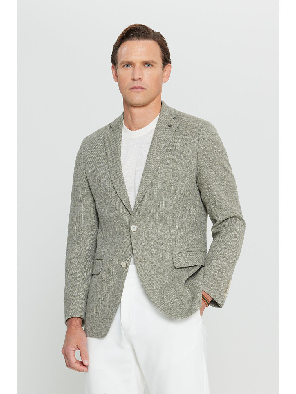 Erkek Haki Pamuklu Slim Fit Dar Kesim Mono Yaka Armürlü Kapak Cepli Blazer Ceket