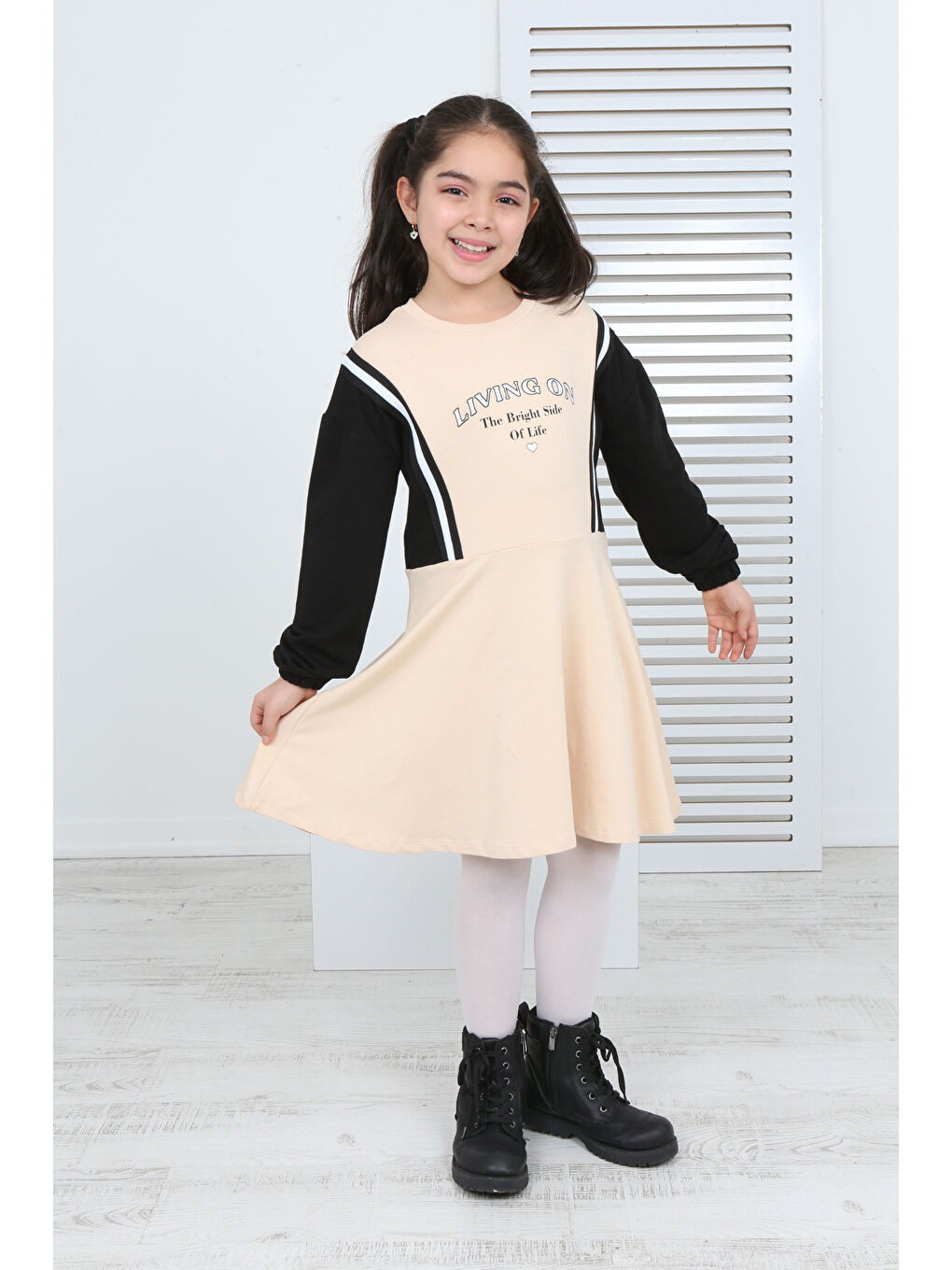 Bej Kız Çocuk Garni Detaylı Baskılı Elbise-2