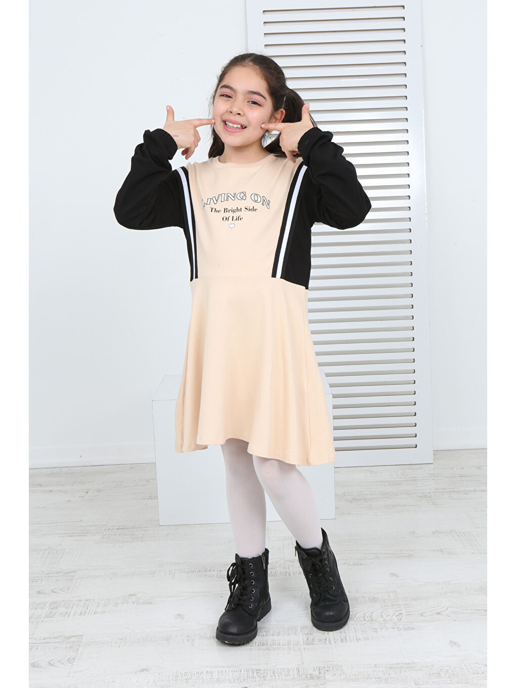 Bej Kız Çocuk Garni Detaylı Baskılı Elbise-3