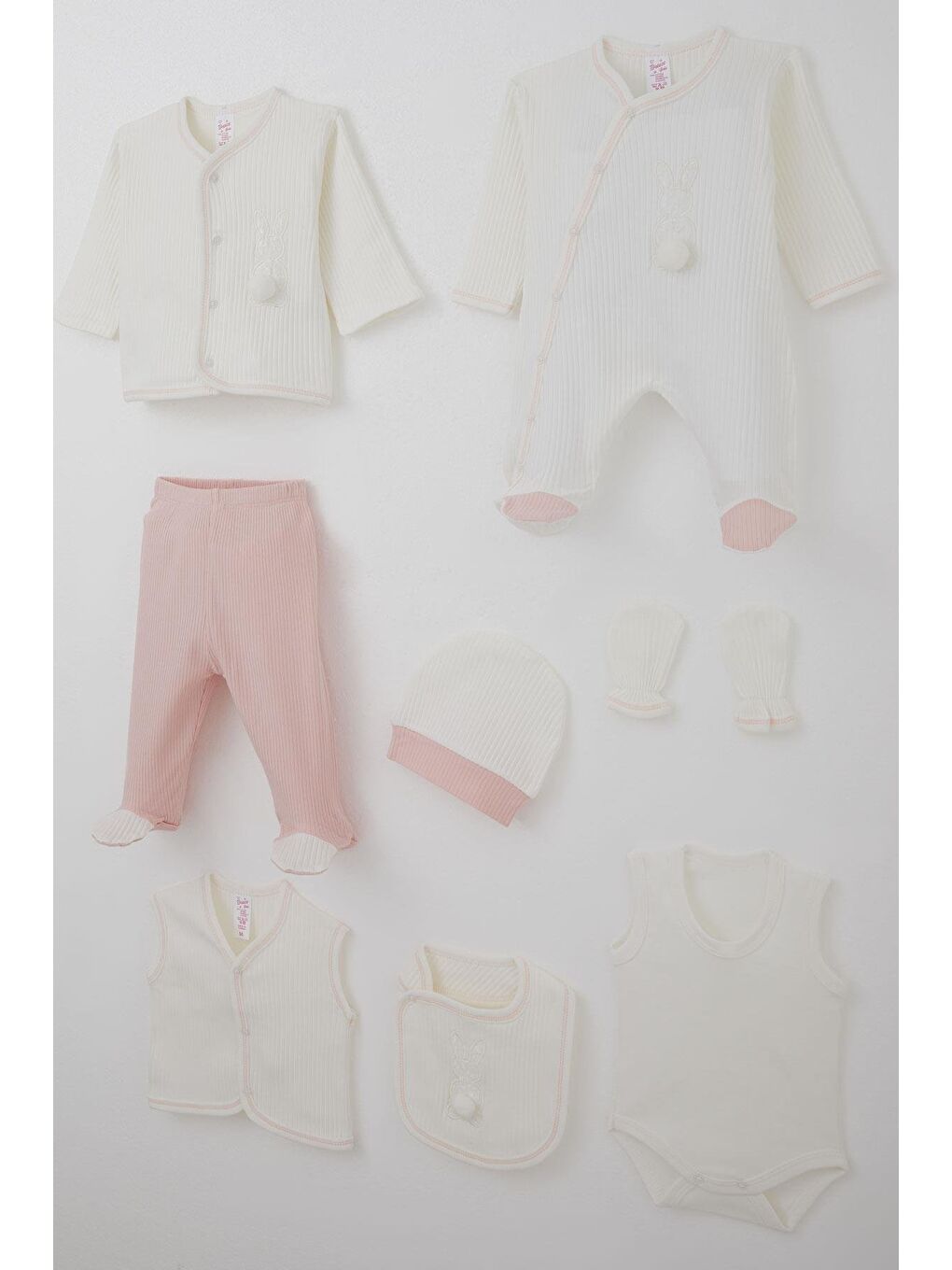 Kız Bebek Hastane Çıkışı 8 Li Ponponlu Tavşancık Nakışlı Ekru (0-3 Ay)-1