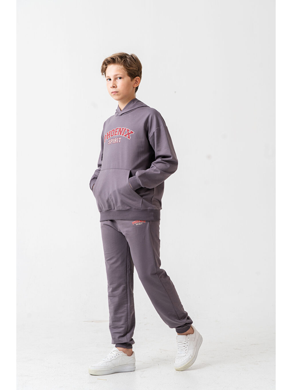 Gri Phoenix Spirit Baskılı Kanguru Cepli Erkek Çocuk Alt Üst Eşofman Takımı-1