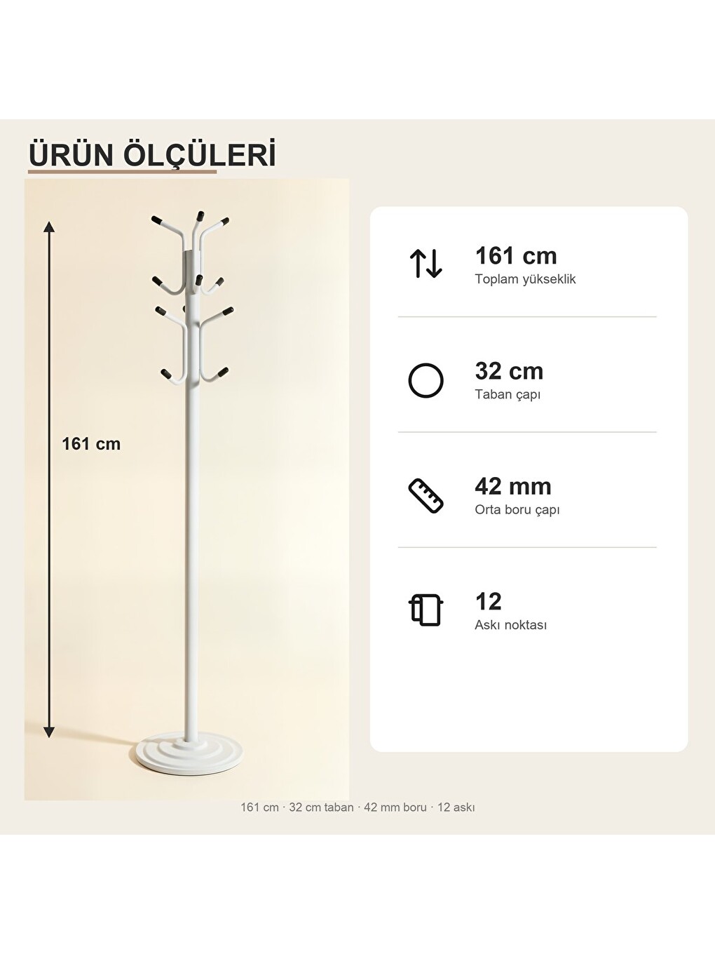 Viona 12 Askılı Metal Ayaklı Portmanto Beyaz 161 Cm-1