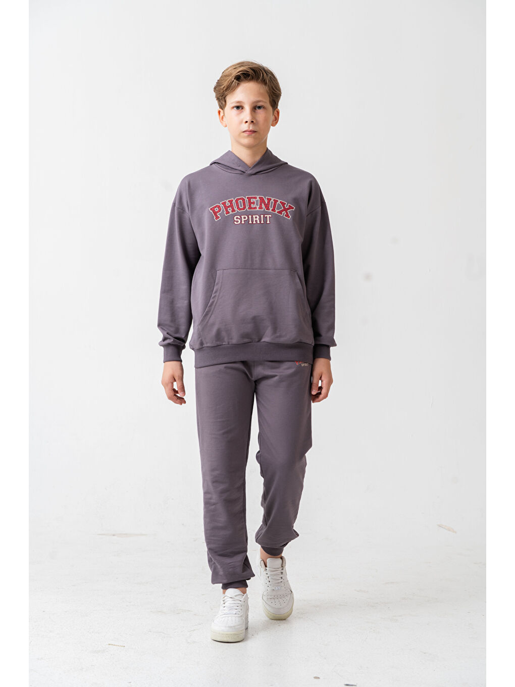 Gri Phoenix Spirit Baskılı Kanguru Cepli Erkek Çocuk Alt Üst Eşofman Takımı-2