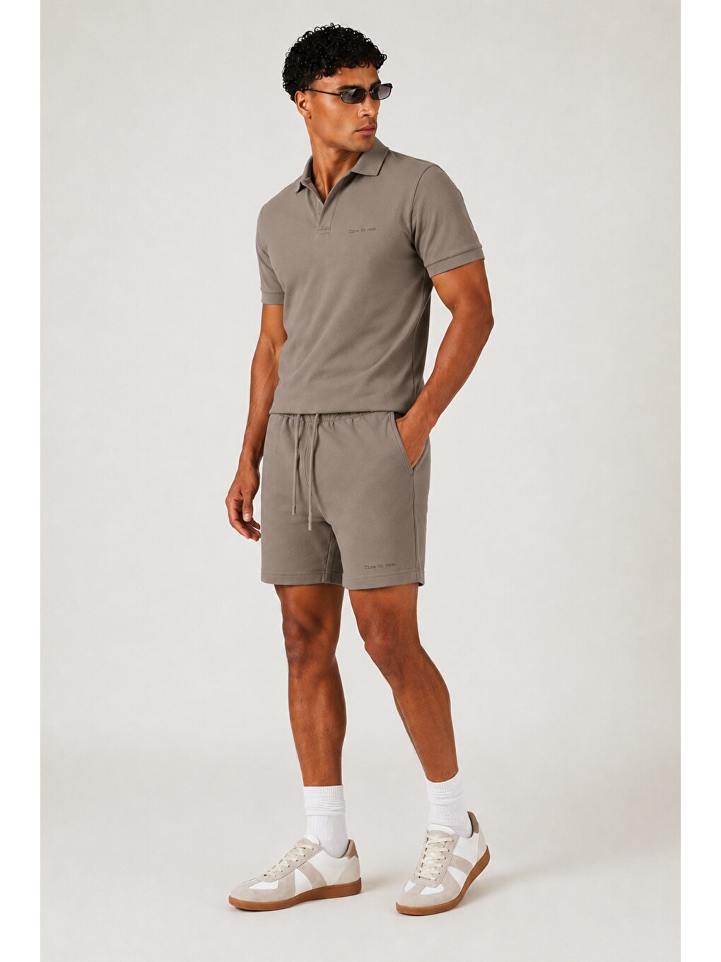 Ekru Erkek %100 Pamuk Polo Yaka Tişört Ve Şort Takım – Slim Fit Yazlık 2'li Kombin-1