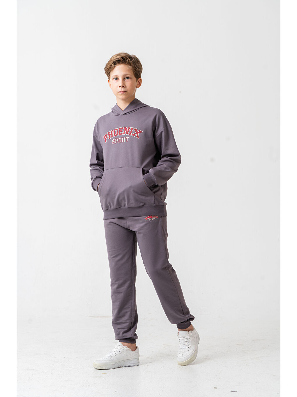 Gri Phoenix Spirit Baskılı Kanguru Cepli Erkek Çocuk Alt Üst Eşofman Takımı-3