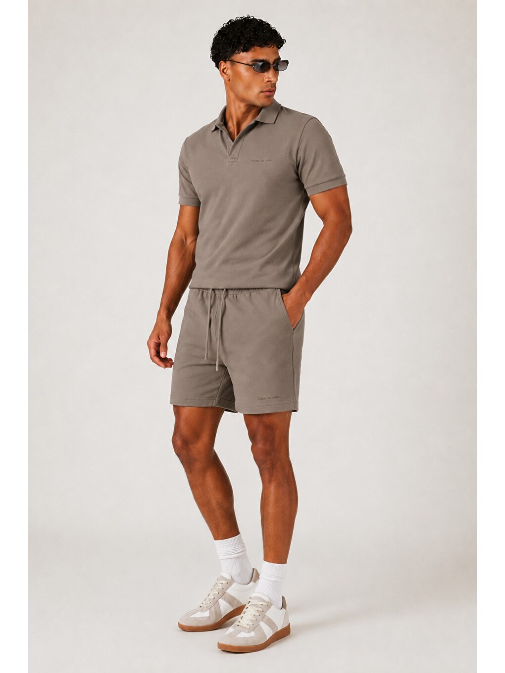 Ekru Erkek %100 Pamuk Polo Yaka Tişört Ve Şort Takım – Slim Fit Yazlık 2'li Kombin-2