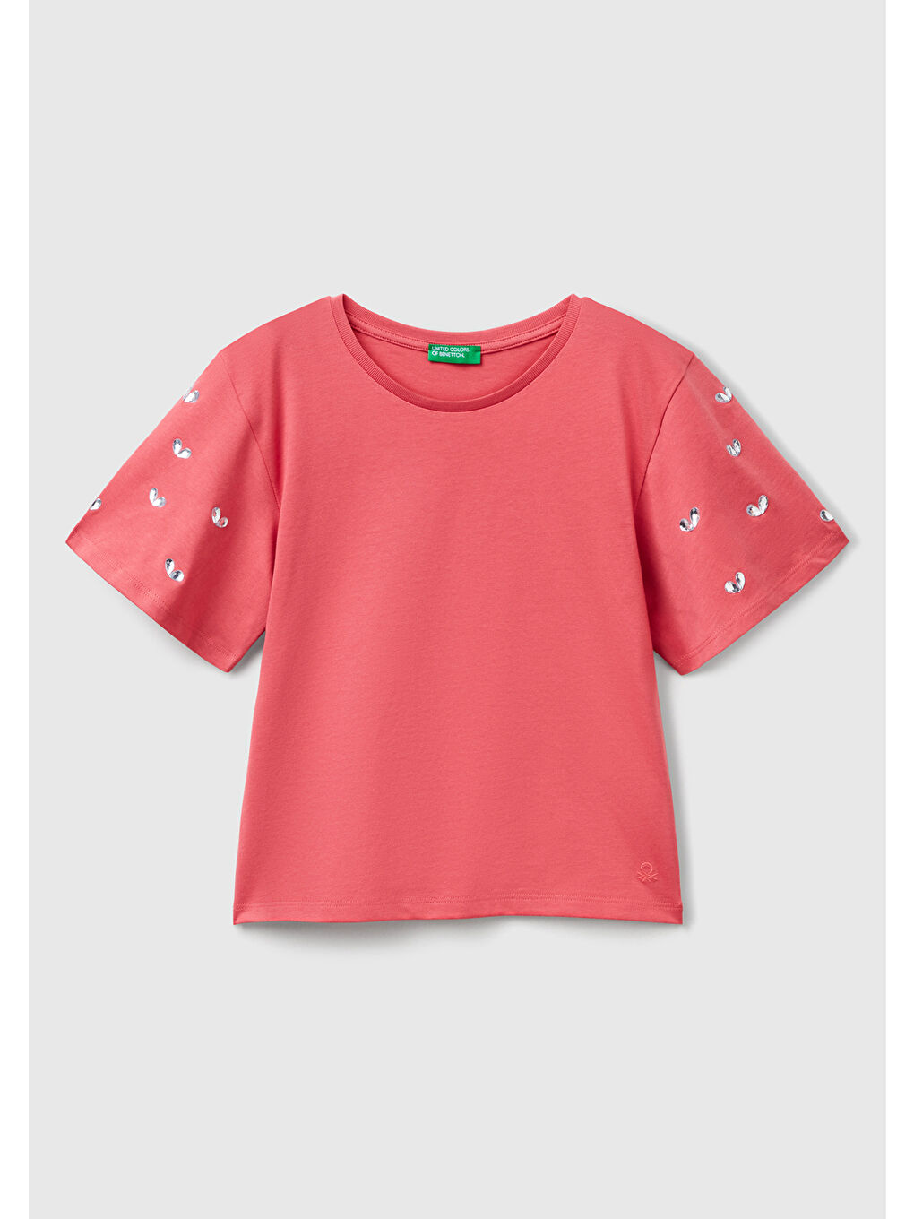 Kız Çocuk Fuşya Kolları Taş Detaylı Ribana Yakalı T-Shirt