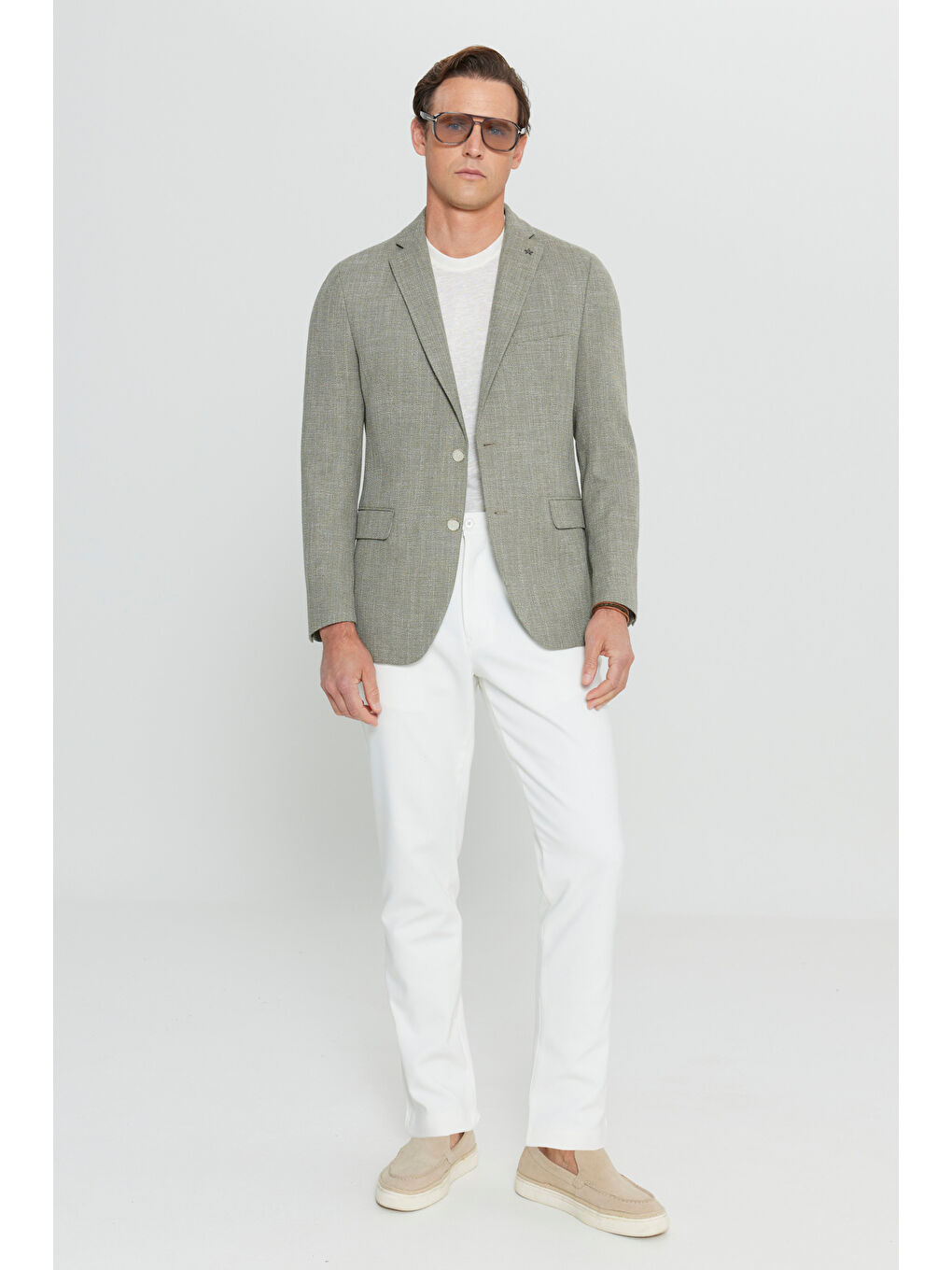 Erkek Haki Pamuklu Slim Fit Dar Kesim Mono Yaka Armürlü Kapak Cepli Blazer Ceket-1