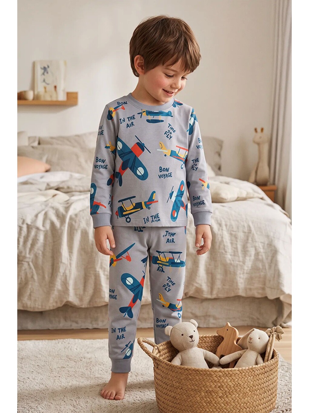 Time To Fly Gri Renk Uçak Desenli Erkek Çocuk Pijama Takımı