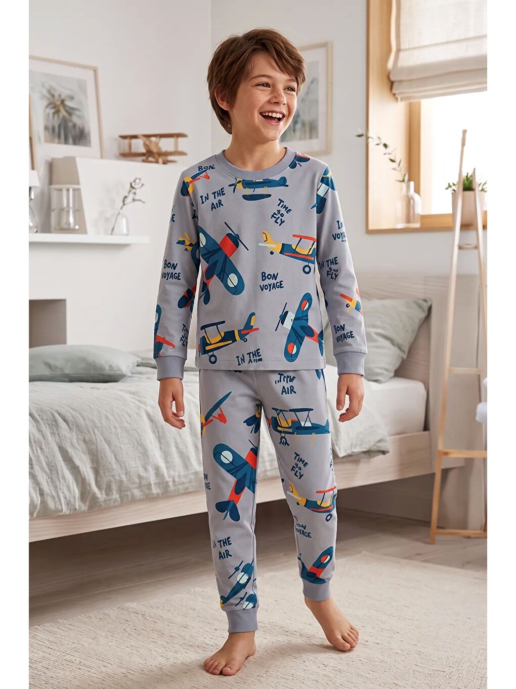 Time To Fly Gri Renk Uçak Desenli Erkek Çocuk Pijama Takımı-1