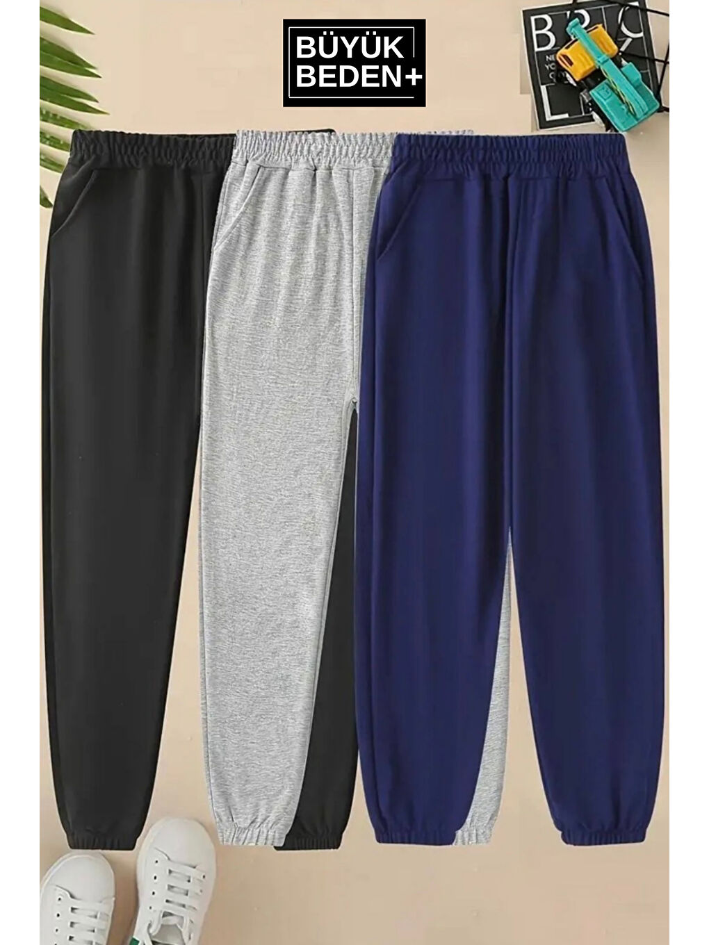 Siyah Üçlü Eşofman  Lastik Paça İnce Büyük Beden Eşofman Altı SPR25BEA51-3