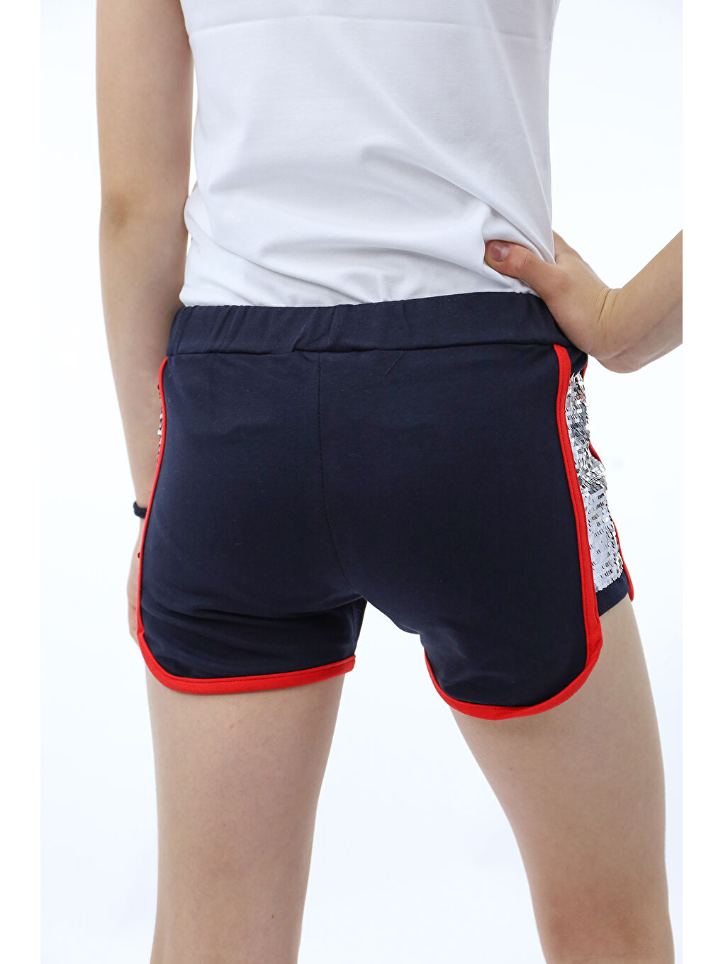 Lacivert Kız Çocuk Beli Lastikli İki Yanı Çevirmeli Pullu Şort-1