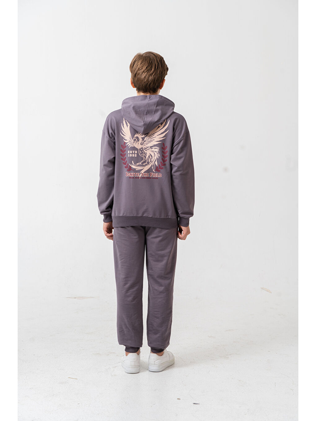 Gri Phoenix Spirit Baskılı Kanguru Cepli Erkek Çocuk Alt Üst Eşofman Takımı-5