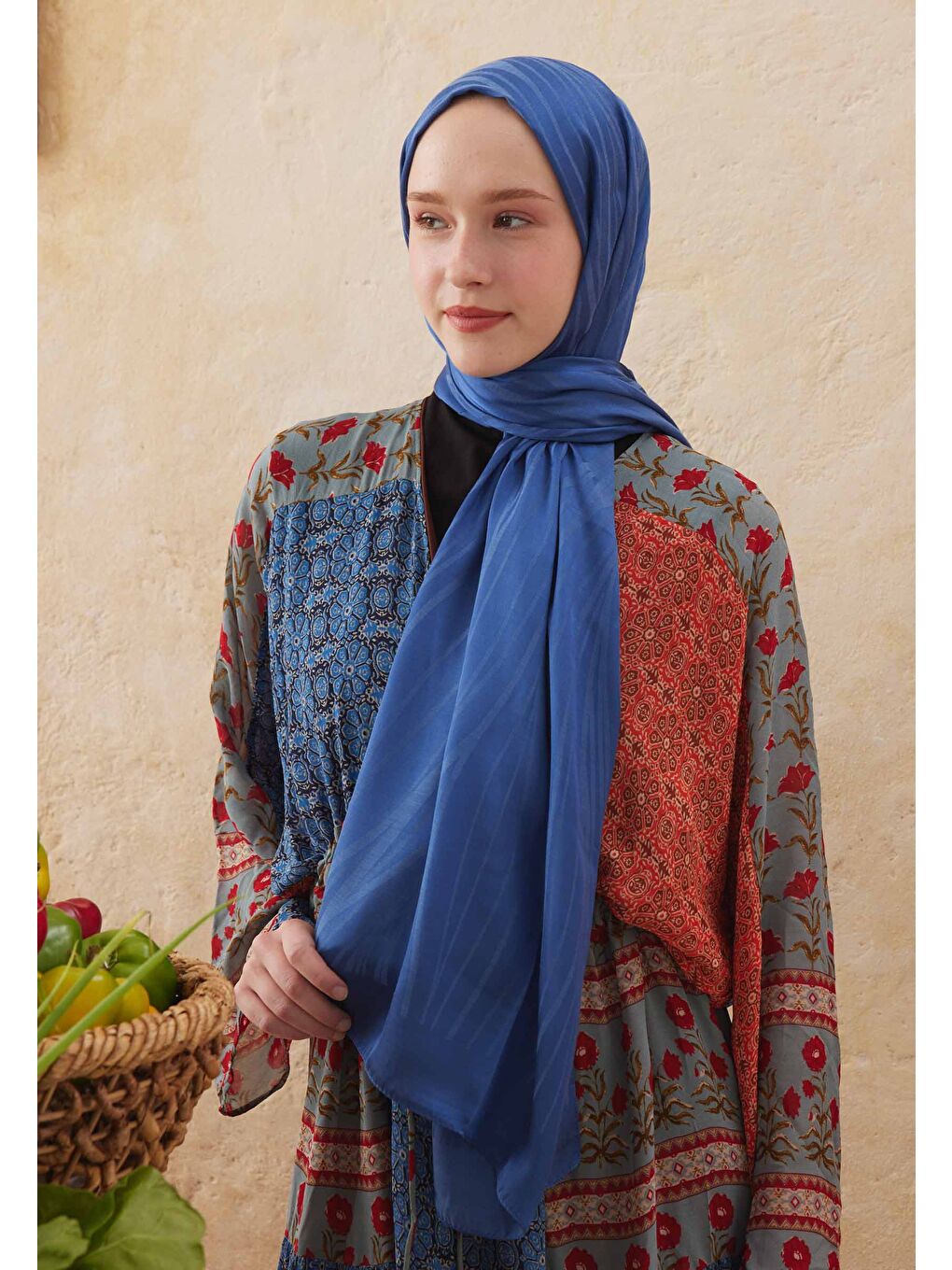 Wave Jakarlı Şal Koyu Mavi-1