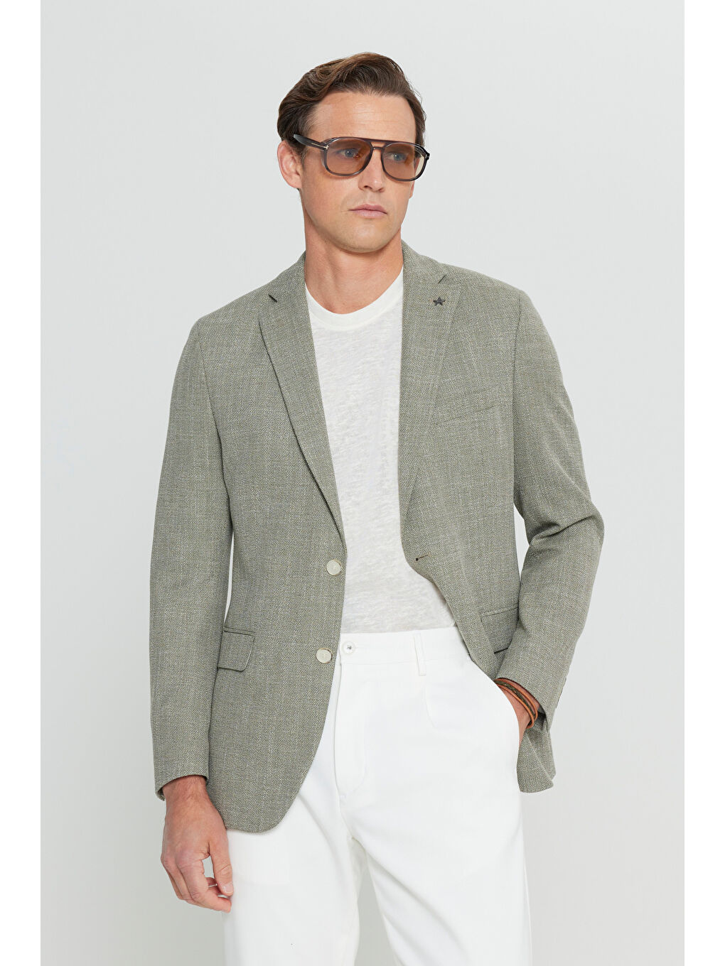 Erkek Haki Pamuklu Slim Fit Dar Kesim Mono Yaka Armürlü Kapak Cepli Blazer Ceket-2