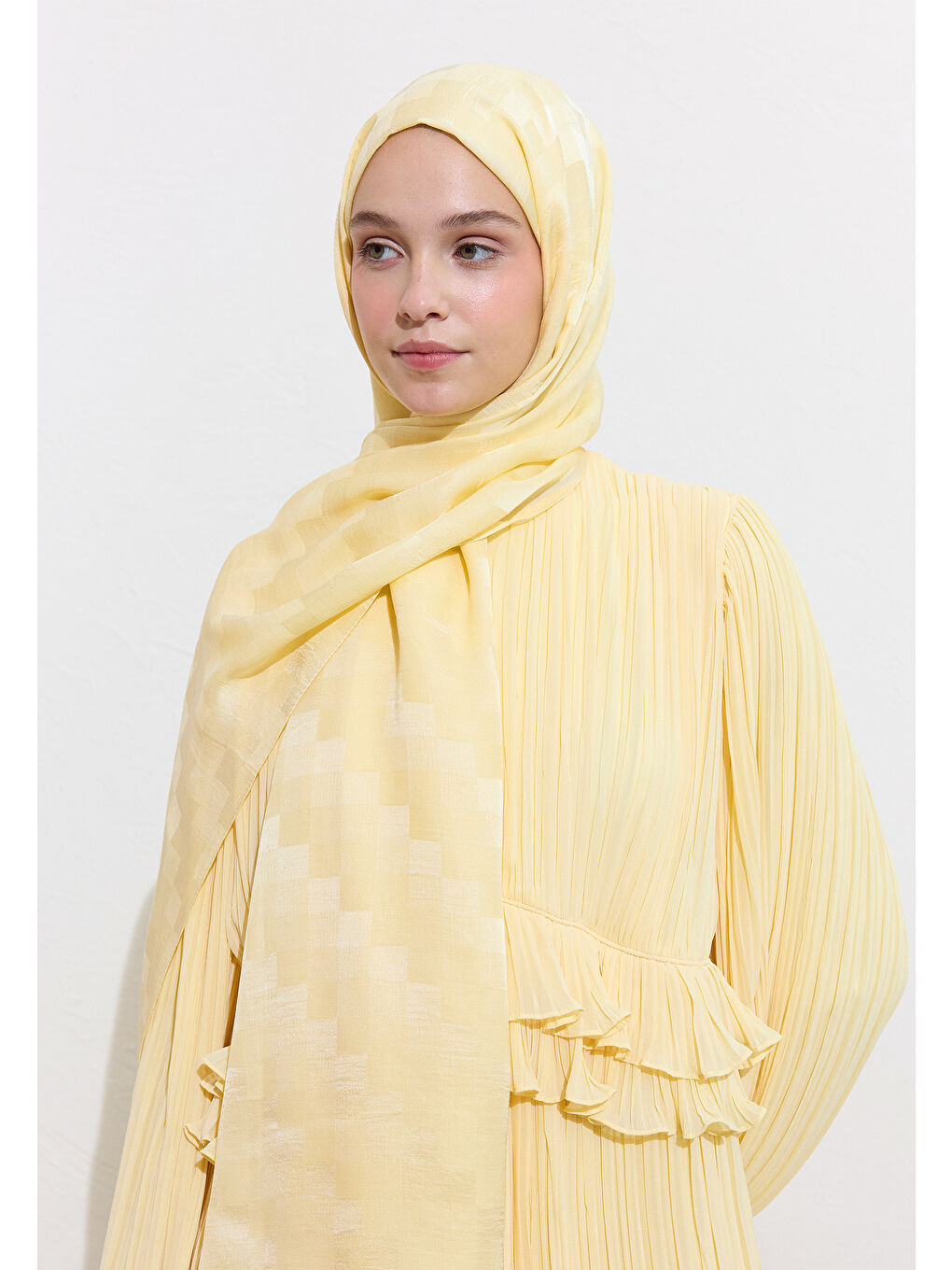 Sarı Nori İpek Jakar Şal Butter Yellow-1