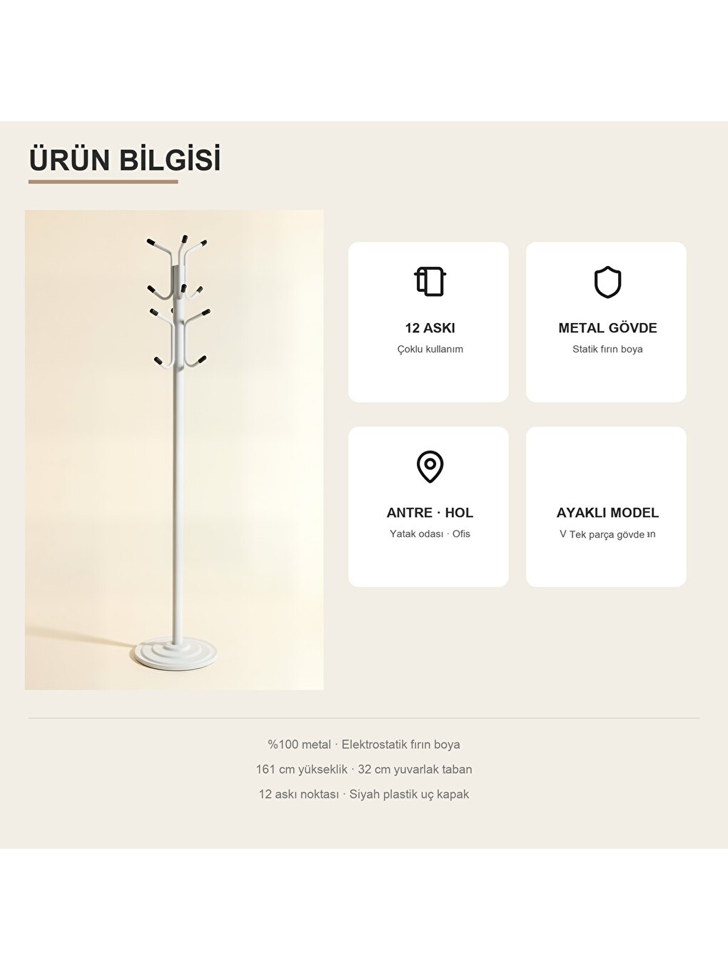 Viona 12 Askılı Metal Ayaklı Portmanto Beyaz 161 Cm-7