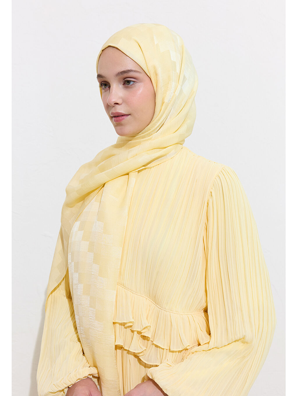 Sarı Nori İpek Jakar Şal Butter Yellow-2