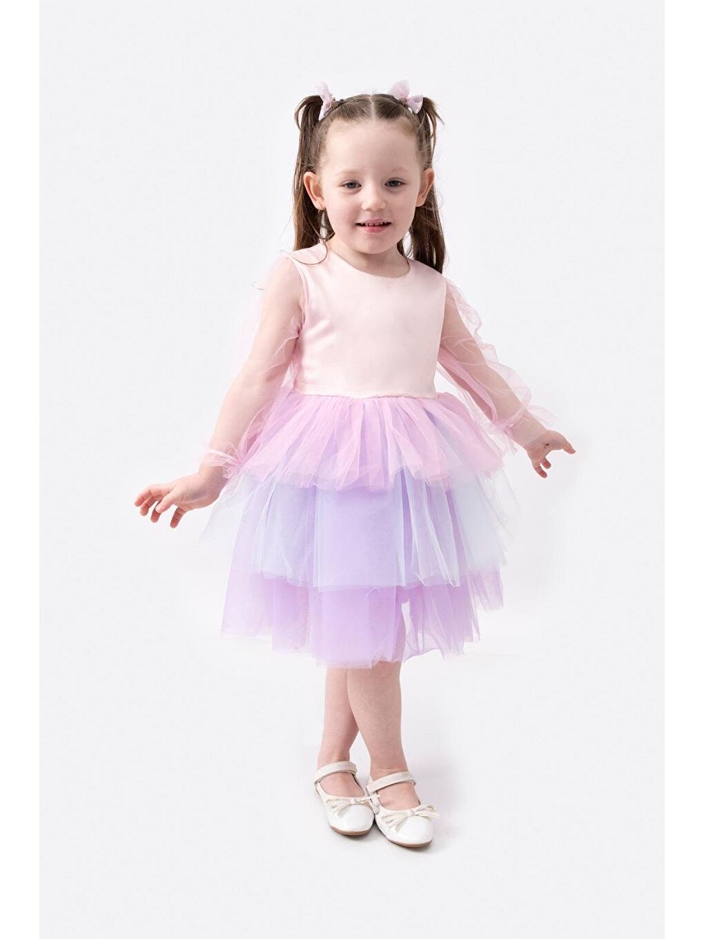 Karışık Lila Ve Pembe Tüllü Prenses Elbise   Kız Çocuk Özel Ve Parti Elbisesi
