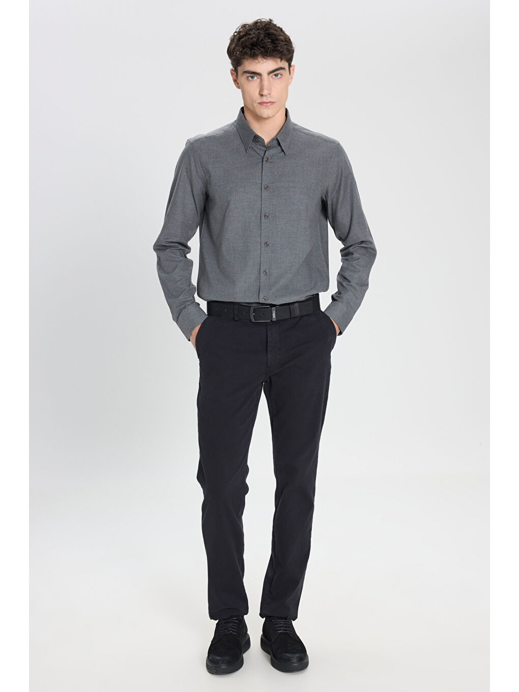 Erkek Haki %100 Pamuk Slim Fit Dar Kesim Düğmeli Yaka Flanel Gömlek-1