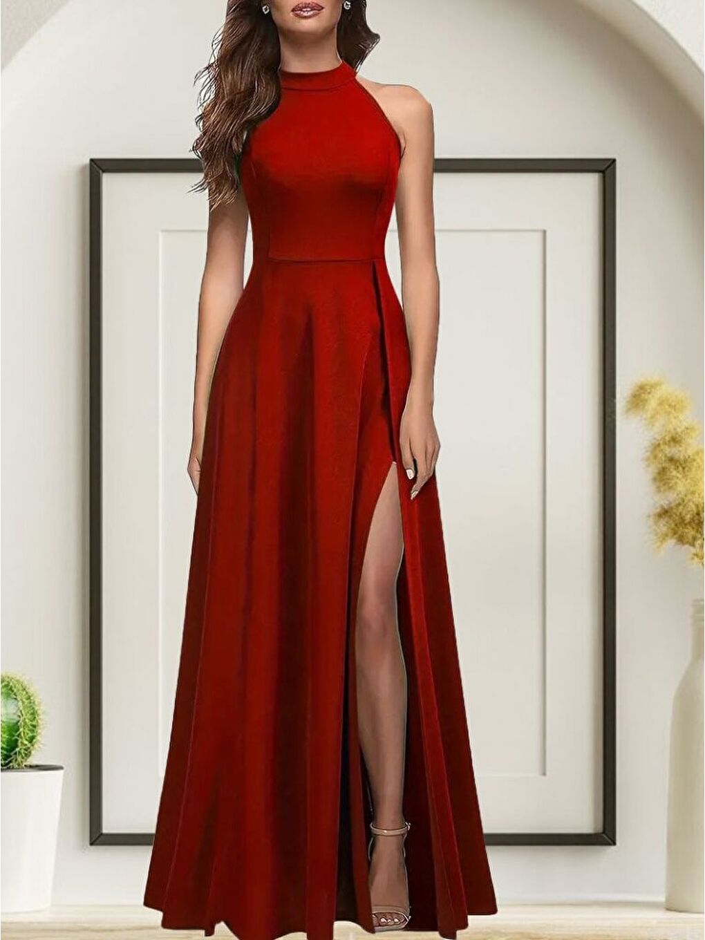 Kırmızı Kadınhalter Yaka Derin Yırtmaç Detaylı Tam Boy Ithal Krep Abiye Elbise