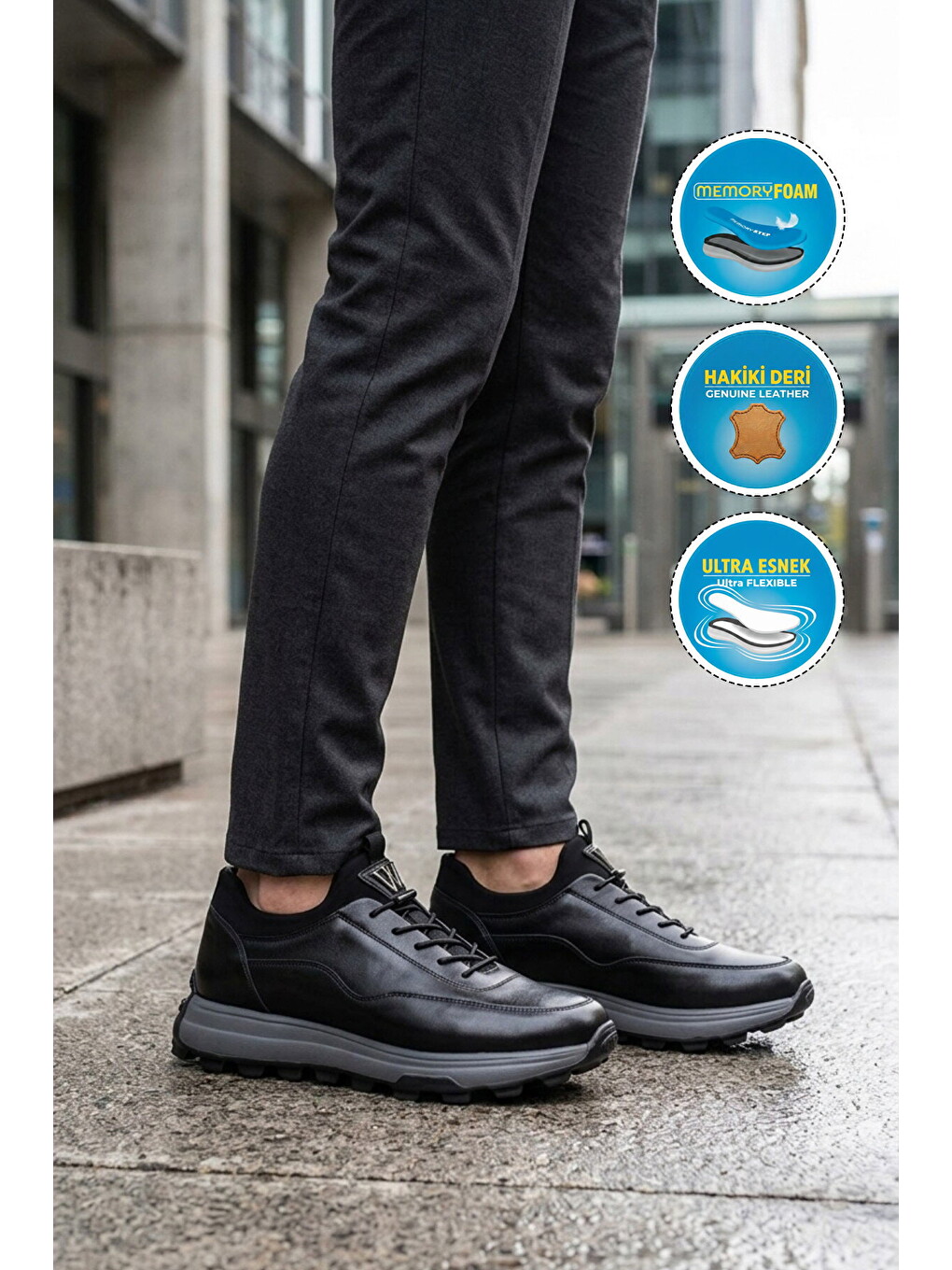 Siyah Premium Hakiki Deri Erkek Casual Ayakkabı Memory Kalın Tabanlı Sneaker M084-2 M-2