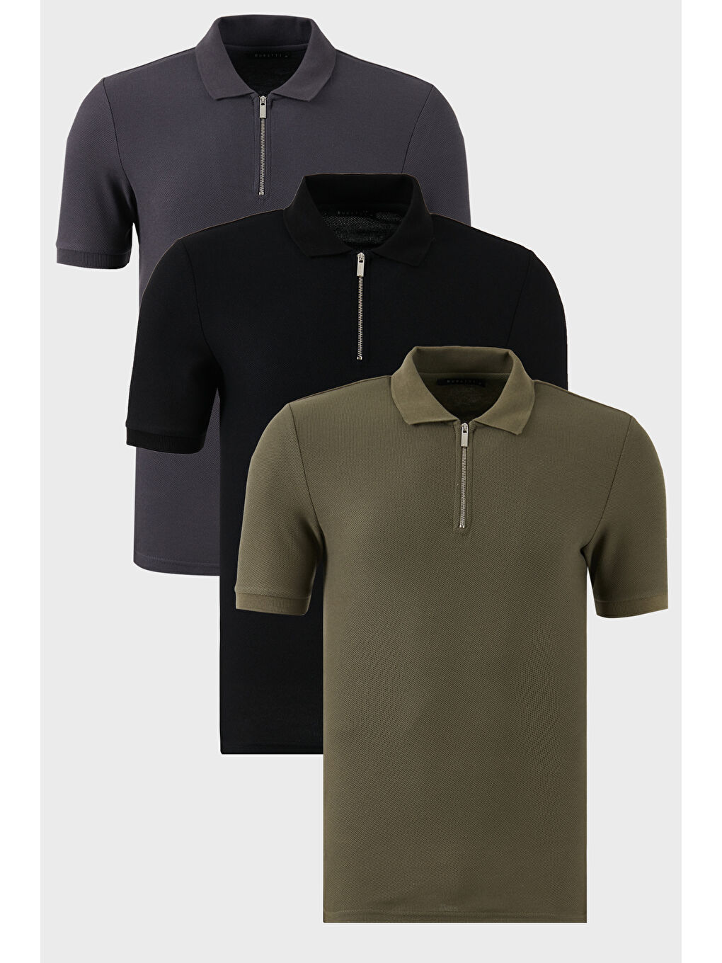 Haki Pamuklu Regular Fit Yarım Fermuarlı 3'lü Paket Polo Yaka %100 Pamuk Tişört 5902434S3