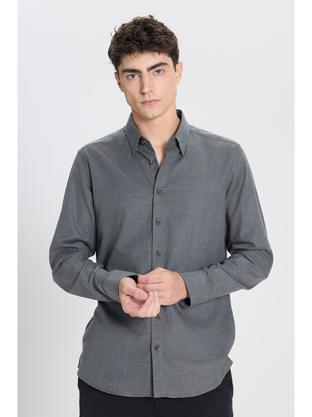 Erkek Haki %100 Pamuk Slim Fit Dar Kesim Düğmeli Yaka Flanel Gömlek-2